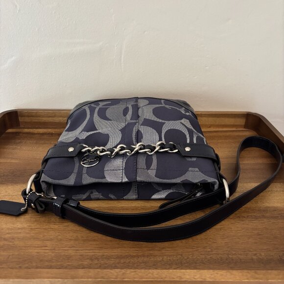 Coach Moto Optic Metallic Navy Signature Patent Leather Chain Duffle Shoulder - Picture 6 of 10